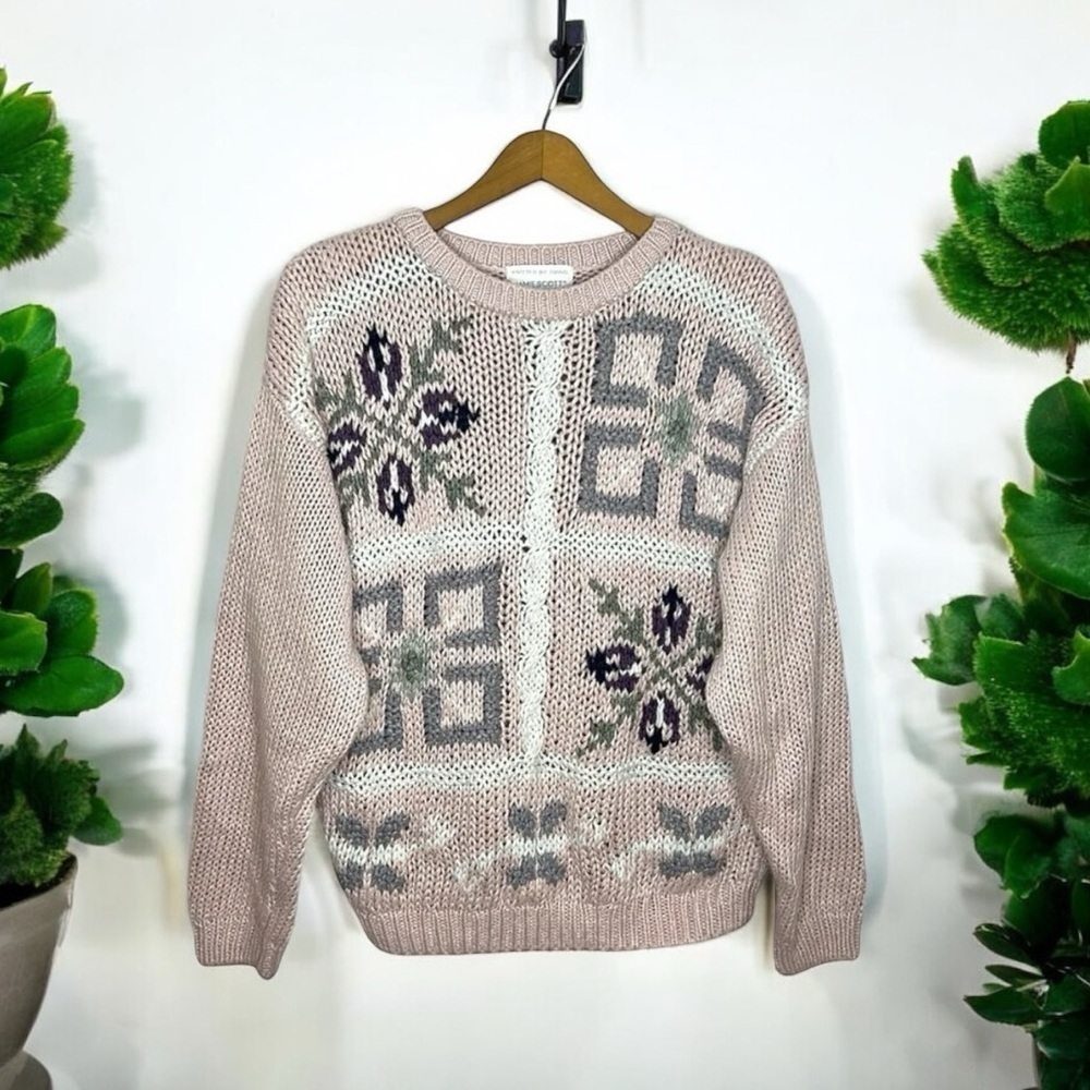 Vintage 90s Jamie Scott Hand Knit Floral Quilt Pattern Chunky Crewneck Sweater
